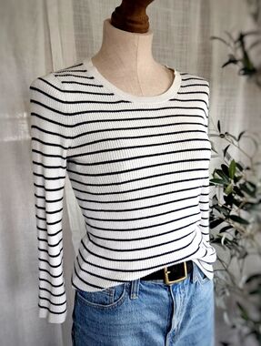 Classic Striped Rib-Knit Long Sleeve Top - White/Black Silk Cotton Crew Neck